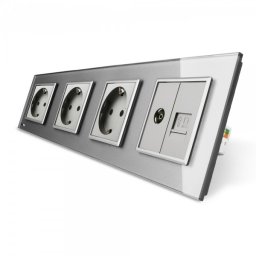 Priza cvadrupla Livolo cu rama din sticla 3 prize simple+TV/internet gri, VL-C7-C4EU/VC-15