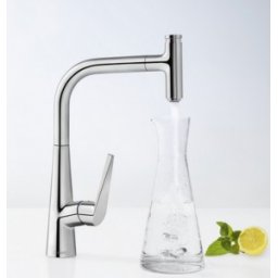 Baterie bucatarie Hansgrohe gama Metris Select 300, cu cap retractabil, otel inoxidabil