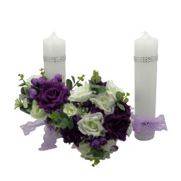 Set 2 lumanari cununie + un buchet mireasa, flori de matase mov si albe - ILIF309026