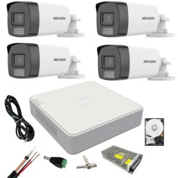 Sistem supraveghere Hikvision 4 camere Dual Light 5 MP cu microfon Lumina alba 40 m IR DVR 4 canale 5MP, Accesorii si hdd inclus