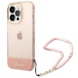 Husa Husa telefon Guess pentru iPhone 14 Pro Max, Camera Outline and Logo Script with strap, Plastic, Roz