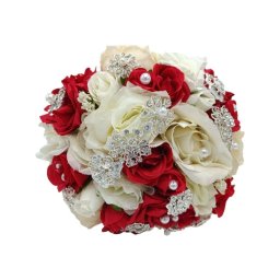 Buchet mireasa cu flori de matase si bijuterii, alb-rosu - FEIS309005