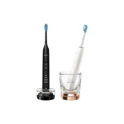 Set 2x electrice Sonicare DiamondClean 9000 functie BrushSync 4 moduri de periere 3 nivele de intensitate senzor de presiune 2 capete de periere 2 baze cu rol de incarcare Negru / Rose gold