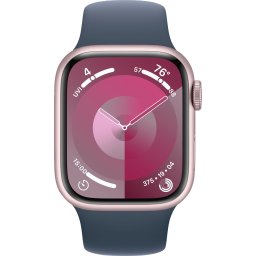 Ceas Smartwatch Apple Watch Series 9, GPS, 41mm Pink Aluminium Case, Storm Blue Sport Band - M/L