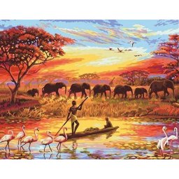 Set pictura pe numere, cu sasiu, Apus cu elefanti, 40x50 cm