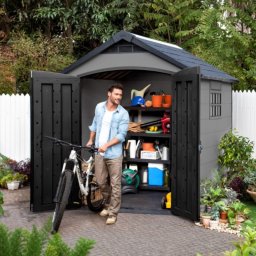 Casuta de gradina, Keter, Gri, colectie Premier, usa dubla, podea, ferestre, ventilatie, ranforsare metalica