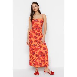 Trendyol portocaliu florale model pătrat guler maxi stretch rochie tricotată
