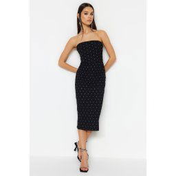 Rochie de seara Trendyol Black cu captuseala tesuta si pietre stralucitoare