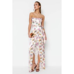 Trendyol Multicolor Double Breasted Lined Tricotat Satin Floral Model Rochie Lunga de Seara