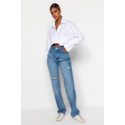 Trendyol Blue rupt High Waist Long Straight Jeans