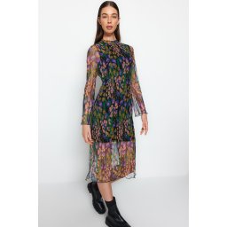 Trendyol Multicolor Pliat Fabric Patterned Shift/Plain Lined Midi Tricotat Rochie