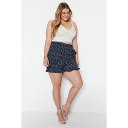 Trendyol Curve Navy Blue Floral Patterned Woven Tie Shorts Skirt