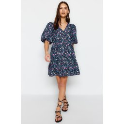 Trendyol bleumarin larg tăiat mini țesute florale model țesut rochie
