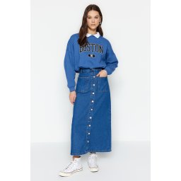 Trendyol Dark Indigo Double Pocket Button Front High Waist Maxi Denim Jeans Skirt