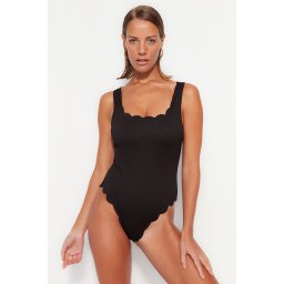 Trendyol Black Square Collar Laser Cut, Texturat Regular Leg Swimsuit