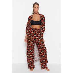 Trendyol Geometric Patterned Belted Maxi Woven Balloon Sleeve Kimono & Kaftan