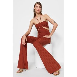 Trendyol Cinnamon Knitted Window/Cut Out Detail Textured Self Patterned Jumpsuit