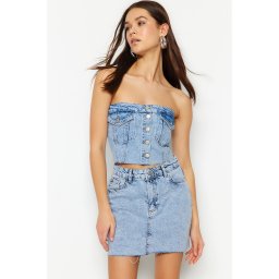 Trendyol Blue Front Buttoned Pocket Detail Strapless Collar Denim Crop Bustier