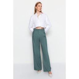 Trendyol verde închis larg picior plisat pantaloni țesute