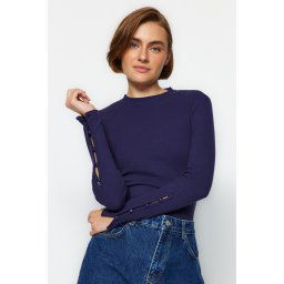 Trendyol Navy Blue Buttoned Ribbed High Neck Fitted/Situated Cotton Stretch Knit Blouse
