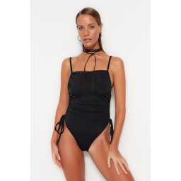 Trendyol Black Square Guler, costum de baie plisat