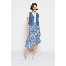 Trendyol Indigo Patterned Flounce Asymmetric High Waist Midi Flexible Knitted Skirt