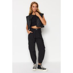 Pantaloni cargo tesuti negri Trendyol cu buzunar