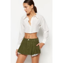 Trendyol Khaki Pleated Mini Denim Shorts Skirt
