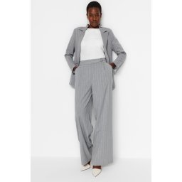 Trendyol gri lat picior larg picior argintiu detaliu țesut dungi pantaloni