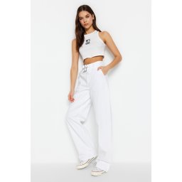 Trendyol White Talie detaliată High Talie Wide Leg Jeans