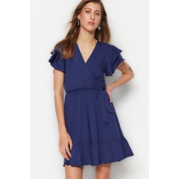 Trendyol Navy Blue 100% Bumbac Ruffle Rochie mini tricotată detaliată cu piept dublu cu detalii volane pe mâneci
