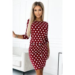 13-156 Sports dress with binding and pockets - burgundy + polka dots