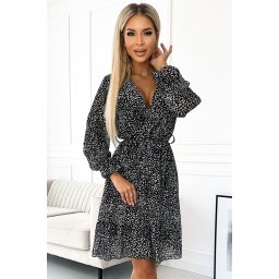 Rochie din sifon cu decolteu, volane si curea Numoco
