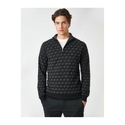 Koton Knitwear Zippered Sweater High Neck Houndstooth Detailed