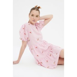 Trendyol roz tăiat drept tăiat mini țesut căptușit floral broderie țesut rochie