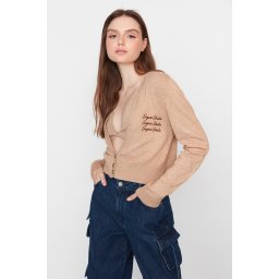 Trendyol X Sagaza Studio Broderie maro deschis Tricotaje detaliate Cardigan