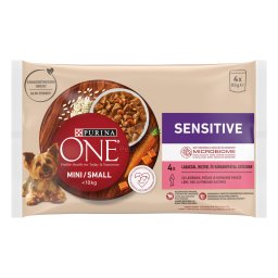 Purina One Mini Sensitive, cu Somon, Orez și Morcovi în sos, hrană umedă pentru câini 4 x 85 g