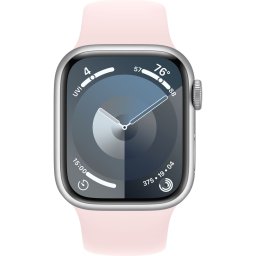 Ceas Smartwatch Apple Watch Series 9, GPS + Cellular, 41mm Silver Aluminium Case, Light Pink Sport Band - M/L