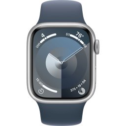 Ceas Smartwatch Apple Watch Series 9, GPS + Cellular, 45mm Silver Aluminium Case, Storm Blue Sport Band - M/L