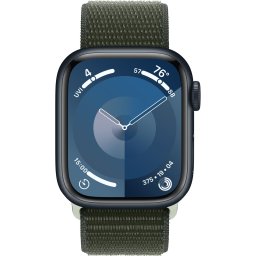 Ceas Smartwatch Apple Watch Series 9, GPS, 41mm Midnight Aluminium Case, Cypress Sport Loop