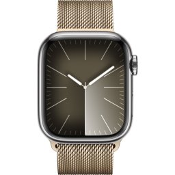 Ceas Smartwatch Apple Watch Series 9, GPS + Cellular, 45mm Silver Stainless Steel Case, Gold Milanese Loop