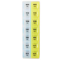 Cutie organizator Pufo Weekly Duo pentru medicamente, vitamine sau suplimente pe saptamana cu doua compartimente pe zi, albastru/ galben