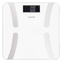 Cantar de baie cu analizator corporal Albatros HARMONY, Greutate maxima 180 kg, Diviziune de 100g, Masoara greutatea, procentaj grasime corporala, masa osoasa, cantitate apa din corp, masa musculara, Kcal, Alb