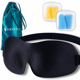 Masca de dormit Suporto 3D cu saculet Verde Smarald, masca de somn premium, reglabila, blochează lumina în totalitate, cu 2 seturi de dopuri de urechi incluse.