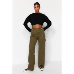 Trendyol Khaki High Waist Wide Leg Jeans cu buzunar cargo