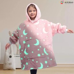 Hanorac patura cu maneci fete Luna Fosforescenta Roz cu buzunar cangur Flanel Polar 440g mp 105 cm