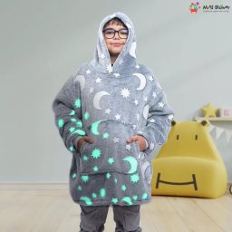 Hanorac patura cu maneci baieti Grey Luna Fosforescenta cu buzunar cangur Flanel Polar 440g mp 105 cm