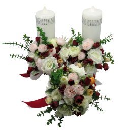 Set 2 lumanari cununie + buchet mireasa, flori de matase, grena&alb - ILIF310047
