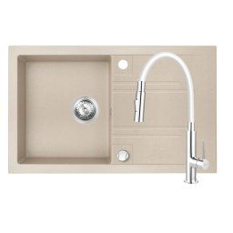 Set Chiuveta Ferro Mezzo II 1 Cuva si Picurator 780x480 mm, nisip si Baterie Ferro Zumba Slim 2F - baterie stativa bucatarie cu pipa flexibila, alb