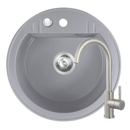Set Chiuveta Ferro Mezzo II Rotunda cu o cuva Ø 51 cm, gri si Baterie Ferro Camira Inox - stativa bucatarie cu pipa lebada, mobila
